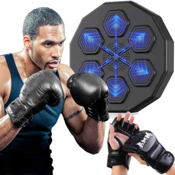 man with gloves in front of bluetooth boxing trainer